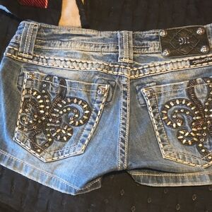 Miss Me Blue Jean Shorts with Black Embroidery